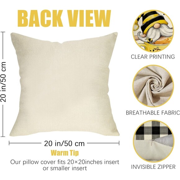 Yellow Bumble Bee Happy Gnome Decorative Throw Pillow Cover 20x20 Set of 4, Fall - Picture 6 of 7